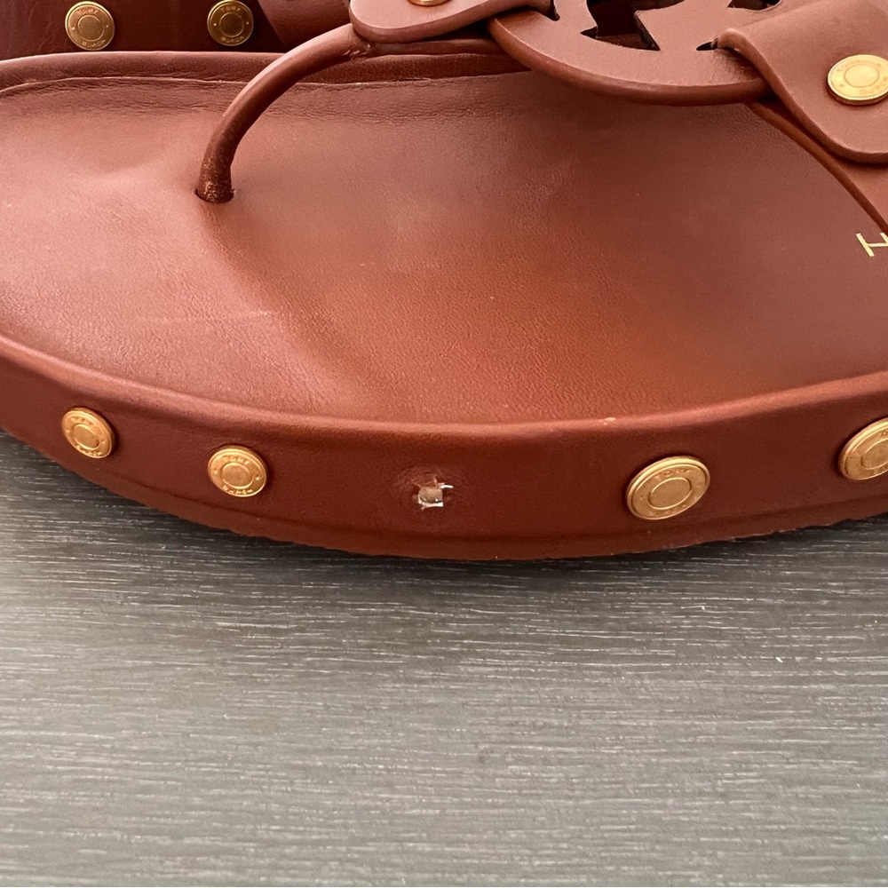 Tory Burch Brown Miller Coin Leather Thong Sandals - Picture 3 of 8